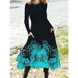 Frauen Midikleid A-Linien Kleid Lässiges Kleid Winterkleid Swing Kleid Mode Streetwear Reif Formal Outdoor Urlaub Regulär Passform Blumen Lange Ärmel Rundhalsausschnitt Schwarz Marineblau Königsblau