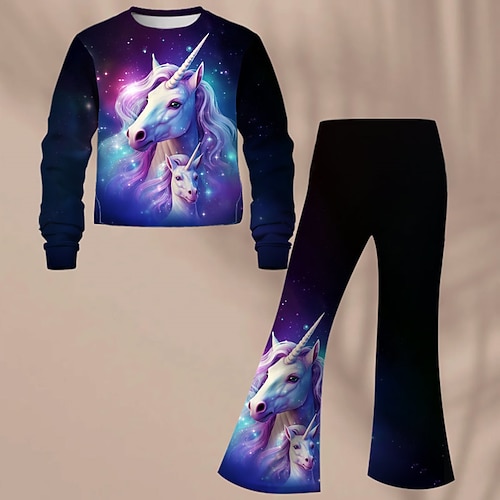 Mädchen 3D Einhorn Set aus Sweatshirt und Schlaghose Langarm 3D-Druck Frühling Herbst Aktiv Modisch Täglich kinderkleidung 3-12 Jahre Rundhalsausschnitt Outdoor Urlaub Verabredung Regular Fit Image