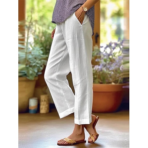Damen Baumwoll Mischung Weites Bein Abgeschnittene Hose Mode Streetwear Einfach Knöchellang Hohe Taille Einfach Tasche Hoher Schnitt Gerader Schnitt Komfort Atmungsaktivität Weich Mikroelastisch Image