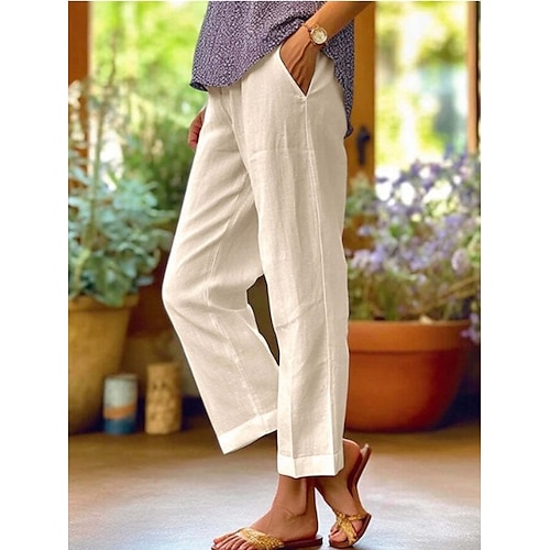 Damen Baumwoll Mischung Weites Bein Sommerhose Abgeschnittene Hose Mode Streetwear Einfach Knöchellang Hohe Taille Einfach Tasche Hoher Schnitt Gerader Schnitt Komfort Atmungsaktivität Weich Image