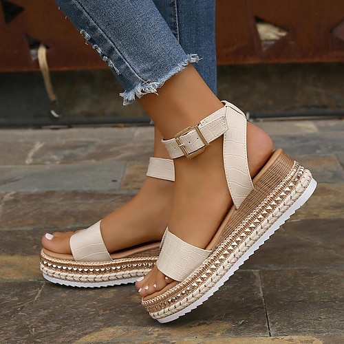 weiße Espadrille-Plateausandalen für Damen mit Fesselriemchen und Nietendetails für Sommer- und Freizeitoutfits Image