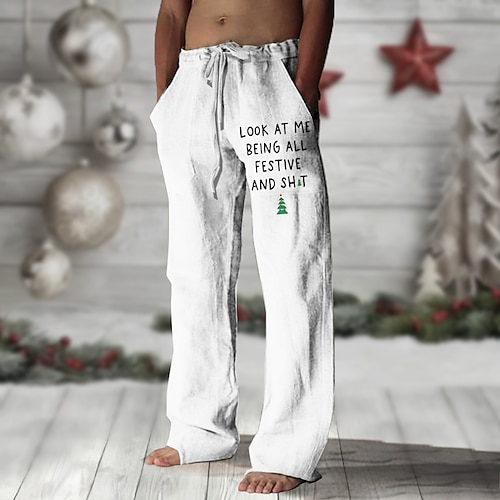 Weihnachten Herren Weihnachtsbaum Buchstabe Fröhliche Weihnachten Hosen Hose Mittlere Taille Vintage Urlaub Alltagskleidung Ausgehen Frühling Herbst Schwarz Weiß Grün Image