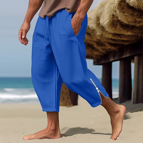 Herren Leinenhose Sommerhosen Strandhose Kordelzug Elastische Taille Bein mit Reißverschluss Glatt Komfort Atmungsaktiv Casual Täglich Festtage Modisch Klassicher Stil Schwarz Weiß Image