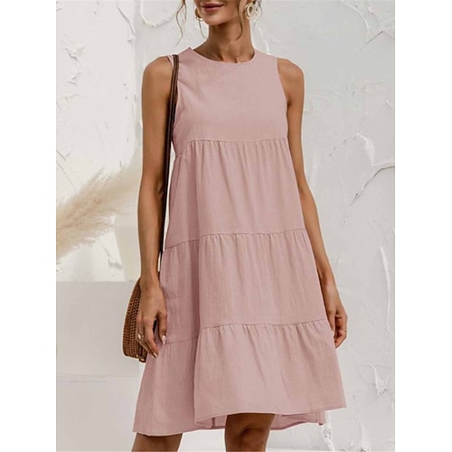 Damen Minikleid Baumwoll Mischung Shiftkleid Sommerkleid Freizeitkleid Basic Lässig Täglich Outdoor Normale Passform Einfarbig Ärmellos Rundhalsausschnitt Hellblau Armeegrün Schwarz Rosa Sommer Image