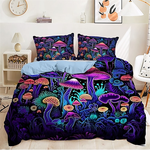 Fantasy-Wald-Pilze-Muster, Bettbezug-Set, Bettdecken-Set, weiches 3-teiliges Luxus-Baumwoll-Bettwäsche-Set, Heimdekoration, Dämmerungsbettwäsche, Geschenk, King-Size-Bett, volle Größe Image