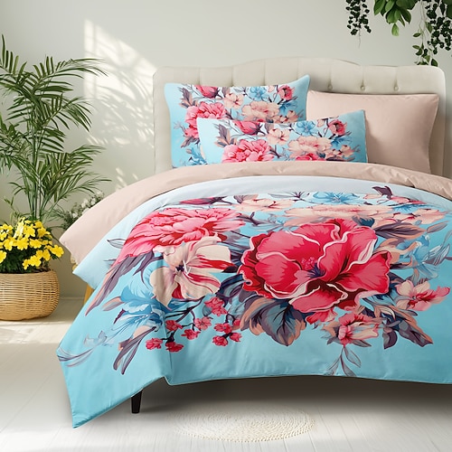 Blumenmuster-Bettbezug-Set, Bettdecken-Set, bedruckter Bettdeckenbezug, Baumwoll-Bettwäsche-Sets mit Umschlag-Kissenbezug, Raumdekoration, King-Size-Bettbezug Image