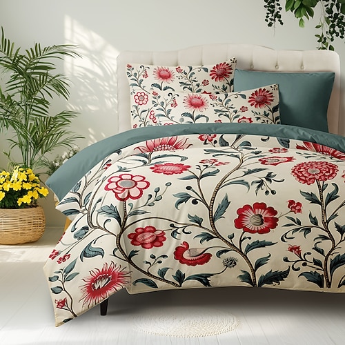 Blumenmuster-Bettbezug-Set, Bettdecken-Set, bedruckter Bettdeckenbezug, Baumwoll-Bettwäsche-Sets mit Umschlag-Kissenbezug, Raumdekoration, King-Size-Bettbezug Image