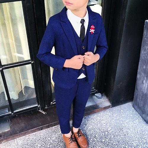 3-teilig Ring-Träger Anzug Jungen Kinder Anzug Formeller Anzug Anzug Blazer Tank Hose Formell Party Mode Sanft Einfarbig Königsblau Grün Baumwolle Image