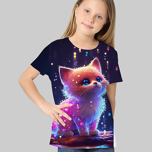 kinderkleidung Mädchen T-Shirt Graphic Outdoor 3D-Druck Kurzarm Rundhalsausschnitt Aktiv 7-13 Jahre Sommer Silber Schwarz Weiß Image