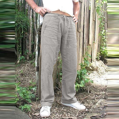 Herren Leinenhosen Hose Sommerhose Strandhose Kordelzug Tasche Elastisches Kordelzugdesign Einfach Leicht Atmungsaktiv Volle Länge Yoga Fitnessstudio Mode Streetwear Hellgrau Dunkelgrau Image