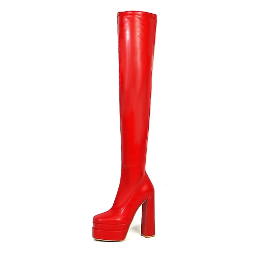 Overknee-Plateaustiefel für Damen – schwarz-weiße High Heel-Stiefel aus Stretch-Kunstleder für Fashion-Events und Partys Image