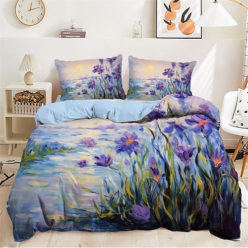 Ölgemälde-Blumenmuster-Bettbezug-Set, Bettdecken-Set, weiches 3-teiliges Luxus-Baumwoll-Bettwäsche-Set, Heimdekoration, Dämmerungsbettwäsche, Geschenk, King-Size-Bett, volle Größe Image