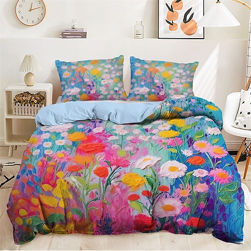 Ölgemälde-Blumenmuster-Bettbezug-Set, Bettdecken-Set, weiches 3-teiliges Luxus-Baumwoll-Bettwäsche-Set, Heimdekoration, Dämmerungsbettwäsche, Geschenk, King-Size-Bett, volle Größe Image