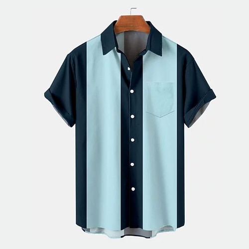 Herren Hemd Sommerhemd Bowlinghemd Knopfhemd Blau Schwarz / Weiß Schwarzgrau Kurzarm Farbblock Umlegekragen Lässig Täglich Button-Down Bekleidung Baumwolle Baumwollmischung Mode 1950er Lässig Image