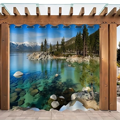 Wasserdichter Outdoor Vorhang Sichtschutzvorhang für den Außenbereich, Schiebevorhänge für die Terrasse, Pergola-Vorhänge mit Ösen, 3D-Waldlandschaft für Pavillon, Balkon, Veranda, Party, 1 Panel Image