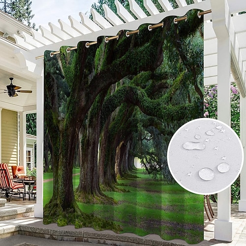 Wasserdichter Outdoor Vorhang Sichtschutzvorhang für den Außenbereich, Schiebevorhänge für die Terrasse, Pergola-Vorhänge mit Ösen, 3D-Waldlandschaft für Pavillon, Balkon, Veranda, Party, 1 Panel Image