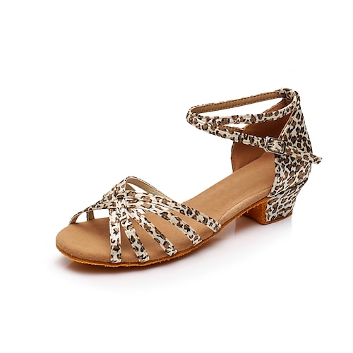 Damen Schuhe für den lateinamerikanischen Tanz Ballsaal Salsa Schuhe Line Dance Innen Praxis Professionell Satin Grundlegend Sandalen Absätze Niedriger Absatz Schnalle Kinder Leopard Aktmalerei