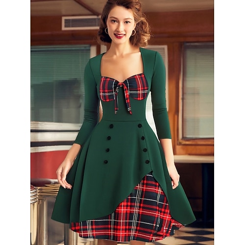 Retro Vintage 1950er Cocktailkleid Midlänge Swing-Kleid Ausgestelltes Kleid Weihnachtsfeier Kleid Tartan-Check Kostüm Damen Weihnachten Karneval Maskerade Veranstaltung / Fest Retro-Mottoparty