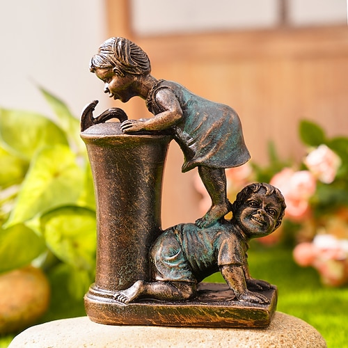 Garten-Wasserbrunnen-Statue, fluoreszierendes Licht in der Nacht, kindisch, launisch, antike Bronzebrunnen-Skulptur, Landschaftsbau-Dekoration für Garten, Rasen, Terrasse, Balkon, Kunst-Dekor