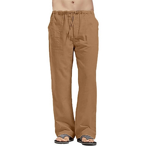 Herren Leinenhosen Hose Sommerhose Strandhose Kordelzug Tasche Elastischer Bund Einfach Komfort Atmungsaktiv Volle Länge Täglich Streetwear Mode Lässig / Sportlich Lässiger Schnitt Cachi scuro Schwarz Image