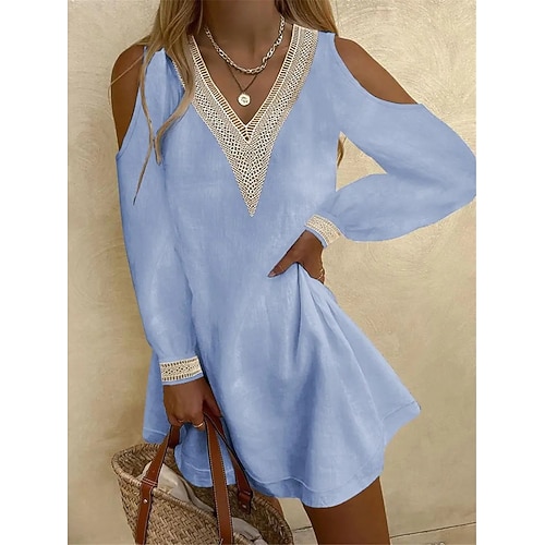 Damen Minikleid Kunstbaumwollleinen Sommerkleid Kaftan Kleid Weißes Kleid Bohemien Date Lässiger Schnitt Langarm V Ausschnitt Schwarz Weiß Fuchsie Leicht Blau Sommer Image