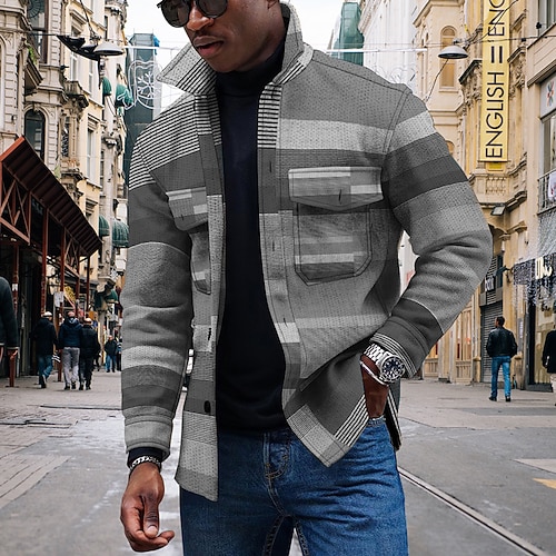 Herren Gestreift Geometrische Muster Kragenhemd Fleece-Shirt Hemdjacke Langarm Strassenmode Sport Brautkleider schlicht Outdoor Täglich Ausgehen Sommer Frühling Umlegekragen Tasche Bedruckt Gelb Rosa Image