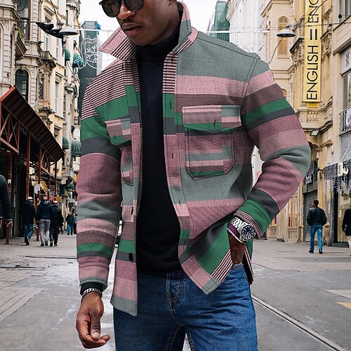 Herren Gestreift Geometrische Muster Kragenhemd Fleece-Shirt Hemdjacke Langarm Strassenmode Sport Brautkleider schlicht Outdoor Täglich Ausgehen Sommer Frühling Umlegekragen Tasche Bedruckt Gelb Rosa Image