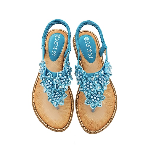Damensandalen im Boho-Stil mit Blumenperlen – lässige Sommer-Flip-Flops mit elastischem Riemen und verziertem Design für den Strand oder lässige Outfits Image