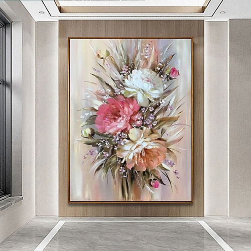 Handgefertigtes Ölgemälde auf Leinwand, Wandkunst, Dekoration, moderne Blumenpflanzen, große Pfingstrose für den Hauseingang, gerolltes, rahmenloses, ungedehntes Gemälde Image