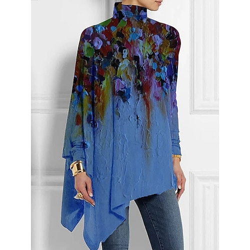 Damen T-Shirt Lange Ärmel Fashion Blumen Druck Asymmetrischer Saum Lange Oberteile Hoher Hals Lässig Urlaub Blau Grün Grau Frühling Herbst Vorsaison Image