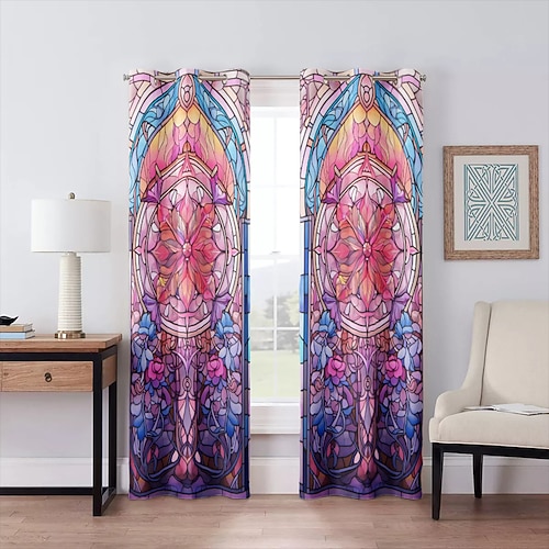 2 Paneele, 100 % Verdunkelungsvorhang, Buntglas-Muster, Vorhänge für Wohnzimmer, Schlafzimmer, Küche, Fenster, thermisch isolierte Raumverdunkelung Image