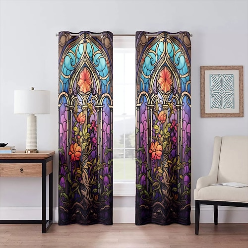 2 Paneele, 100 % Verdunkelungsvorhang, Buntglas-Muster, Vorhänge für Wohnzimmer, Schlafzimmer, Küche, Fenster, thermisch isolierte Raumverdunkelung Image