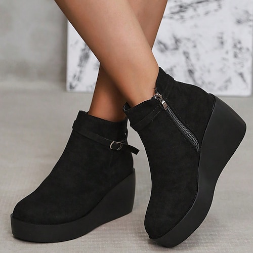 Damen Plateau-Keilstiefeletten – modische Stiefel aus Wildlederimitat mit Reißverschluss für lässige Herbst- und Winter-Outfits Image