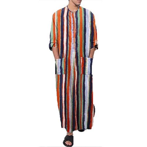 Herren Übergröße Schlafanzug Nachthemd Nachthemd Nachtwäsche 1 Stück Streifen Muslim Täglich Baumwollmischung Komfort Atmungsaktiv Tasche Frühling Herbst Blau Fotofarbe Image
