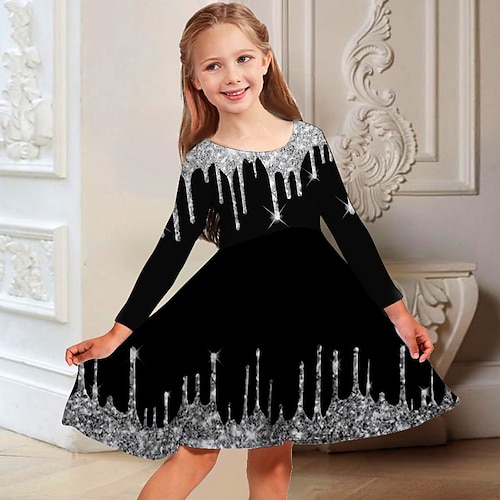 Mädchen' 3D Graphic Kleid Langarm 3D-Druck Frühling Herbst Urlaub Täglich Festtage Kuschelig Brautkleider schlicht Süß kinderkleidung 3-10 Jahre Schaukelkleid A Linie Kleid Übers Knie Regular Fit Image