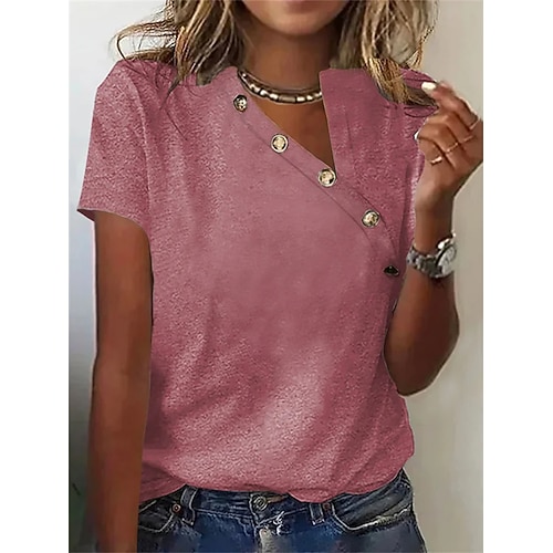 Damen T Shirt Elegante Oberteile Knöpfe Einfarbig Stilvoll Lässig Kurzarm Asymmetrischer Ausschnitt Normale Oberteile Täglich Blau Schwarz Weiß Rosa Grün Sommer Image