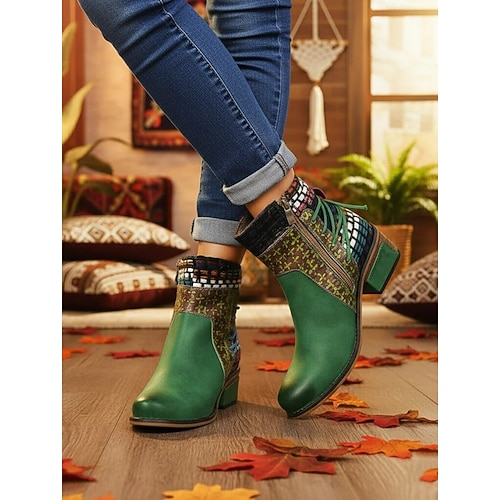 Boho Chic Damen Stiefeletten mit buntem Patchwork und Reißverschluss – Schnürboots im Vintage Style für Herbst und Winter Image
