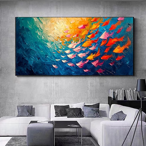 Großes original handgemaltes Ölgemälde mit Fisch auf Leinwand, abstraktes blaues Meeresgemälde, lebendige Tierwanddekoration, Heimdekoration Image