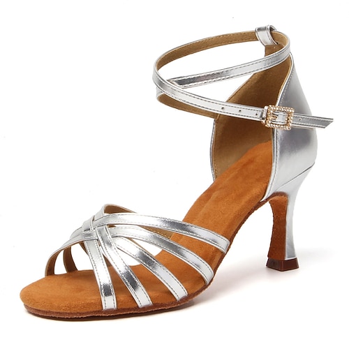 Rote Tanzschuhe aus Satin mit Riemchen für Damen – offene Salsa-Ballsaalschuhe mit verstellbaren Fesselriemen und Wildledersohle für lateinamerikanische Tänze Image