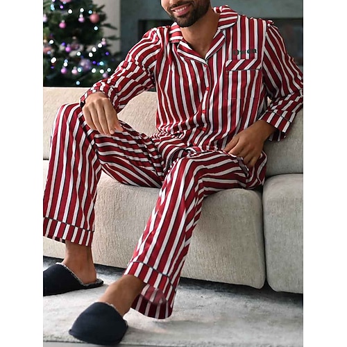 Herren Hausanzug Schlafanzüge Schlafanzug Set Pyjama-Oberteil und Hose 2 Stück Streifen Stilvoll Brautkleider schlicht Komfort Heim Täglich Baumwollmischung Komfort Kargen Langarm Hemd Hose Kordelzug Image