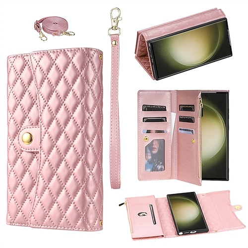 Handy Hülle Handyhüllen Für Samsung Galaxy S25 S24 S23 S23 FE S22 S21 Ultra Plus A14 A34 A54 A24 Brieftaschenhülle Reisverschluss Vollschutz mit Trageriemen Retro Geometrisches Muster TPU PU-Leder Image