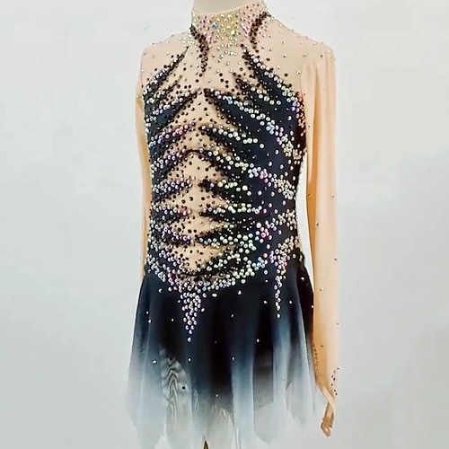 Eiskunstlaufkleid Damen Mädchen Eislaufen Kleider Austattungen Schwarz Weiß Gitter Spandex Hochelastisch Wettbewerb Eiskunstlaufkleidung Handgemacht Kristalle Langarm Eislaufen Eiskundstlauf Image