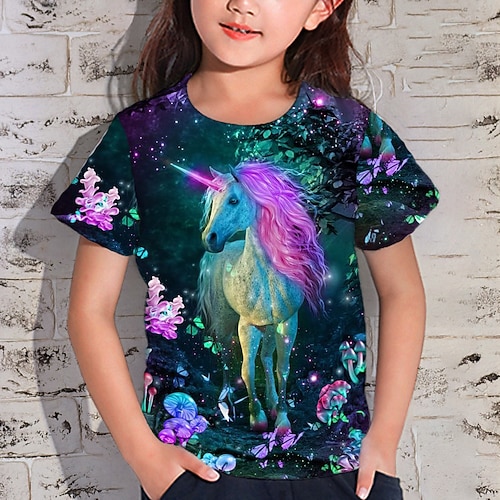 Mädchen 3D Tier Einhorn T-Shirt Kurzarm 3D-Druck Sommer Frühling Aktiv Modisch Kuschelig kinderkleidung 3-12 Jahre Outdoor Täglich Innen Regular Fit Image