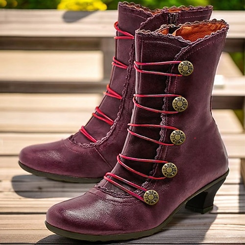 braune Vintage-Stiefeletten im viktorianischen Stil zum Schnüren für Damen mit Knopfdetails und mittlerem Absatz für Cosplay, historische Nachstellungen und den Alltag Image