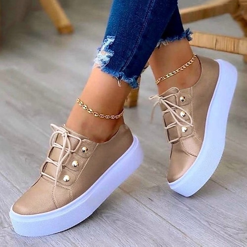 Weiße Plateau-Sneaker für Damen mit goldenen Knopfdetails – trendige Schnürschuhe für den Alltag Image