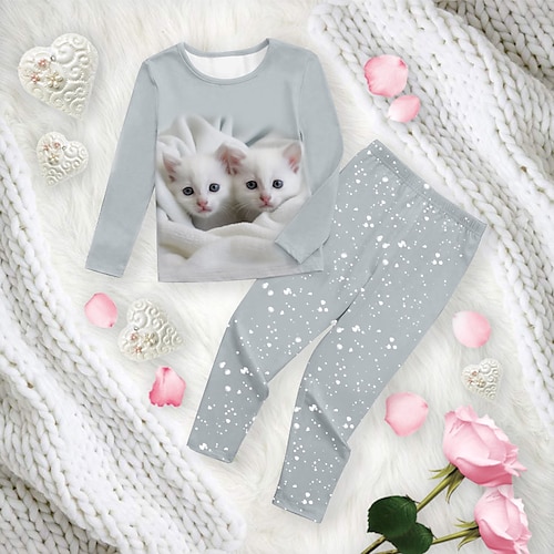 Mädchen 3D Katze Pyjama-Sets Rosa Langarm 3D-Druck Herbst Winter Aktiv Modisch Kuschelig kinderkleidung 3-12 Jahre Rundhalsausschnitt Heim Normal Innen Regular Fit Image