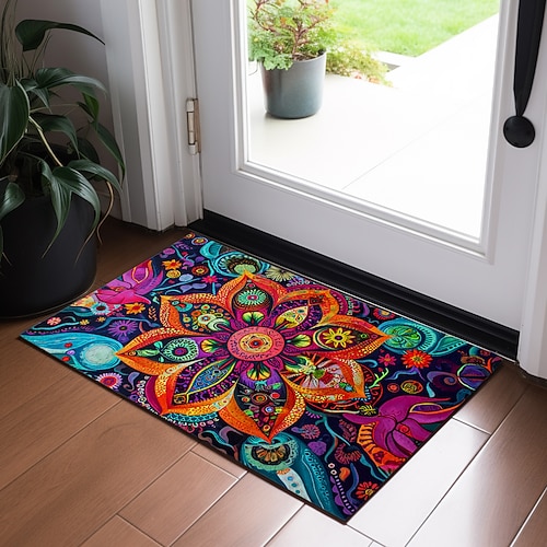 Mandala-Malerei, Bohemian-Fußmatte, rutschfest, ölbeständig, für drinnen und draußen, Schlafzimmerdeko, Badezimmermatte, Eingangsteppich Image