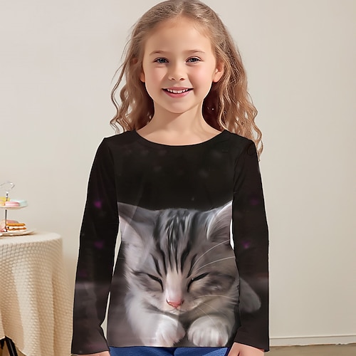Mädchen 3D Katze T-Shirt Hemd Langarm 3D-Druck Frühling Herbst Aktiv Modisch Kuschelig Polyester kinderkleidung 3-12 Jahre Rundhalsausschnitt Outdoor Casual Täglich Regular Fit Image