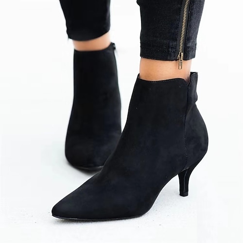 Schwarze Damenstiefeletten aus Wildlederimitat mit spitzer Spitze und kleinem Absatz – elegante Freizeit- und Abendschuhe fürs Büro und besondere Anlässe Image