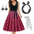 Damen A-Linie Rockabilly-Kleid Polka Dots Swing-Kleid Schlagkleid mit Zubehör-Set 1950er 60er Jahre Retro Vintage mit Stirnband Chiffon-Schal Ohrringe Katzenbrille Sonnenbrille 6-tlg